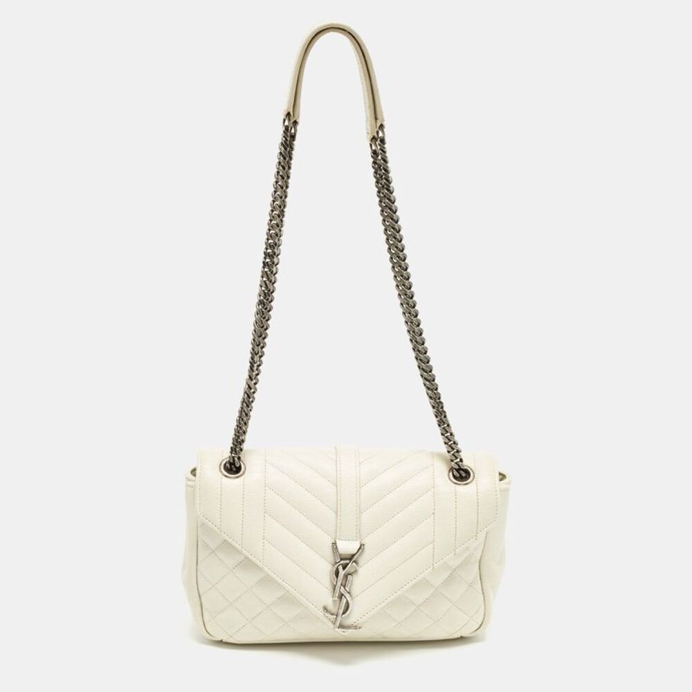 Saint Laurent College Medium White Matelass&eacute; Leather Bag